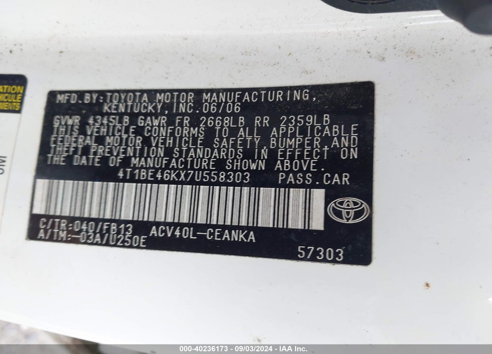 2007 TOYOTA CAMRY LE VIN: 4T1BE46KX7U558303