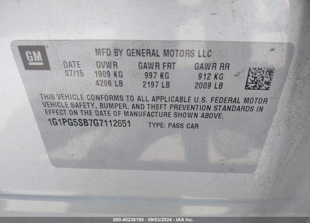 2016 CHEVROLET CRUZE LIMITED LTZ AUTO VIN: 1G1PG5SB7G7112651