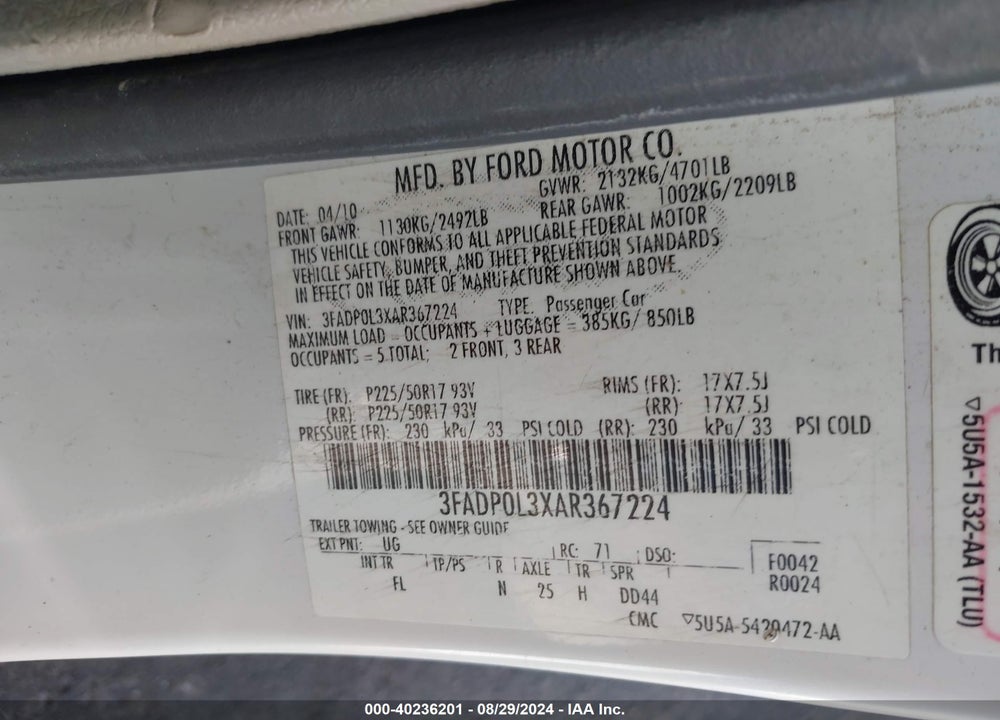 2010 FORD FUSION HYBRID VIN: 3FADP0L3XAR367224
