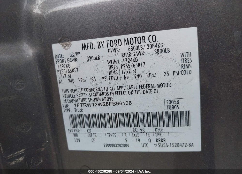 2008 FORD F-150 60TH ANNIVERSARY/FX2/XL/XLT VIN: 1FTRW12W28FB66106