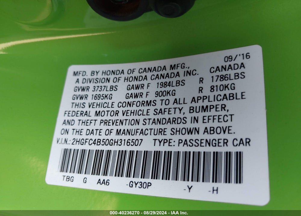 2016 HONDA CIVIC LX VIN: 2HGFC4B50GH316507