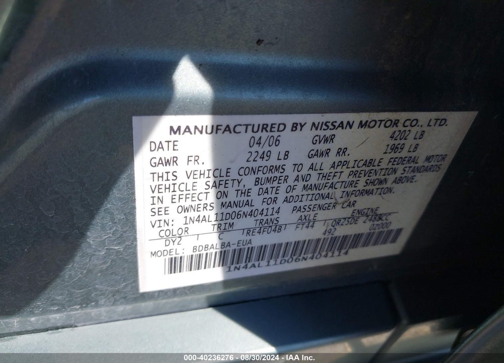 2006 NISSAN ALTIMA 2.5 S VIN: 1N4AL11D06N404114