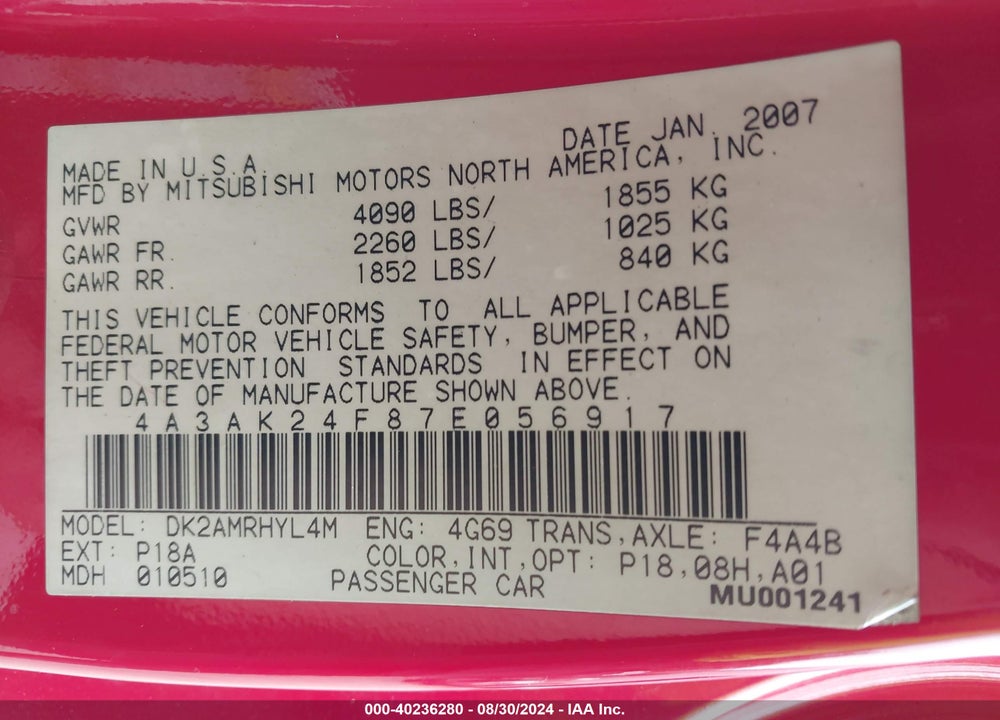 2007 MITSUBISHI ECLIPSE GS VIN: 4A3AK24F87E056917