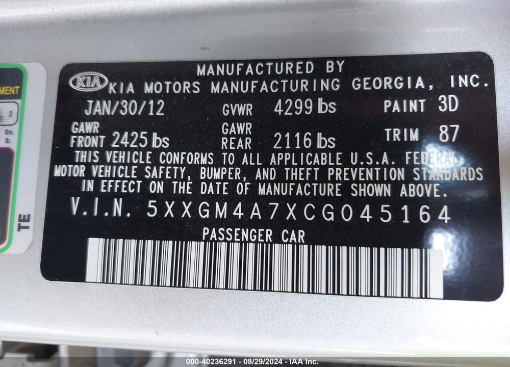 2012 KIA OPTIMA LX VIN: 5XXGM4A7XCG045164