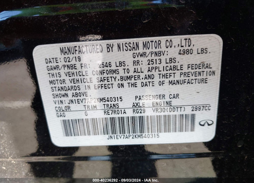 2019 INFINITI Q50 3.0T SPORT VIN: JN1EV7AP2KM540315