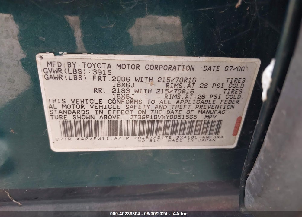 2000 TOYOTA RAV4 VIN: JT3GP10VXY0051565