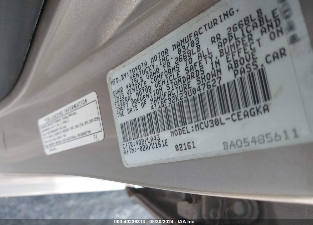 2003 TOYOTA CAMRY XLE V6 VIN: 4T1BF32K23U047627