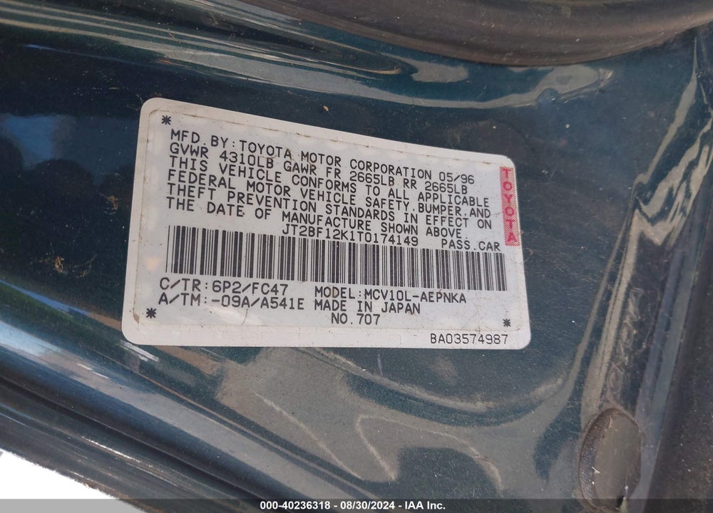 1996 TOYOTA CAMRY LE/XLE/SE VIN: JT2BF12K1T0174149