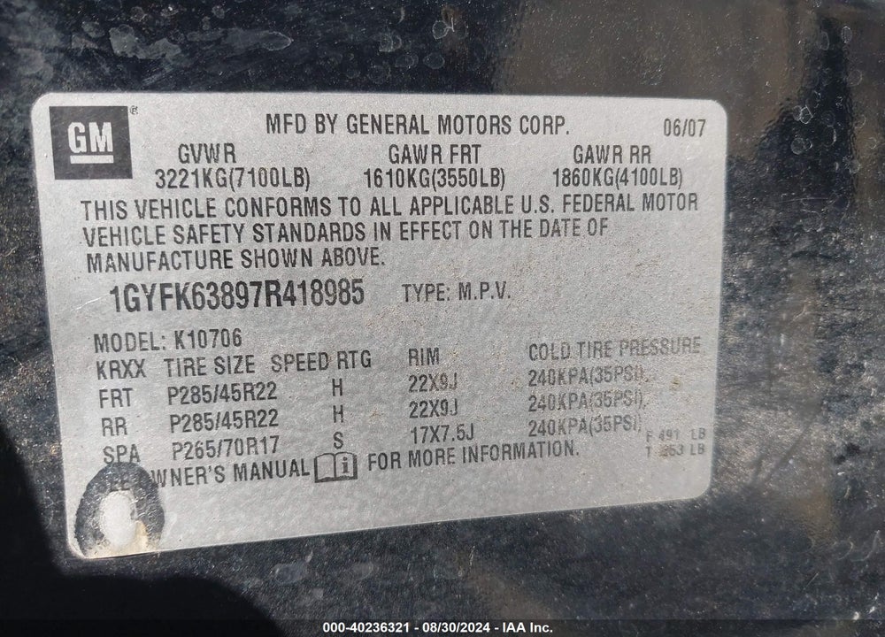2007 CADILLAC ESCALADE STANDARD VIN: 1GYFK63897R418985