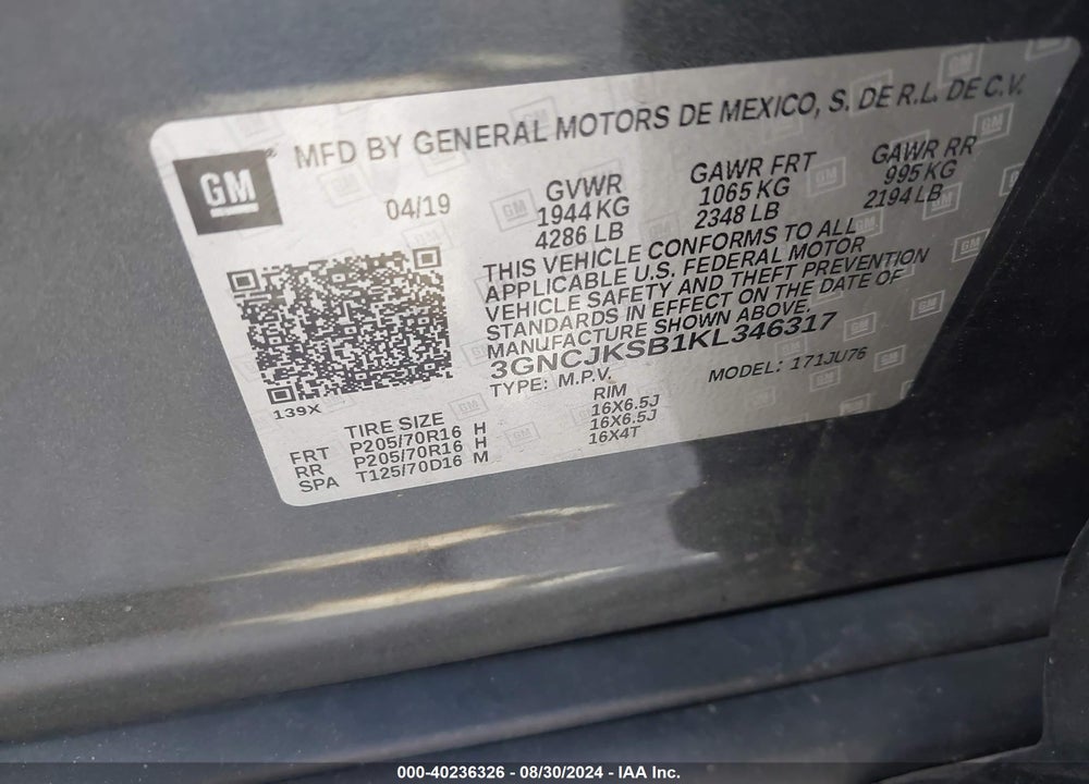 2019 CHEVROLET TRAX LS VIN: 3GNCJKSB1KL346317