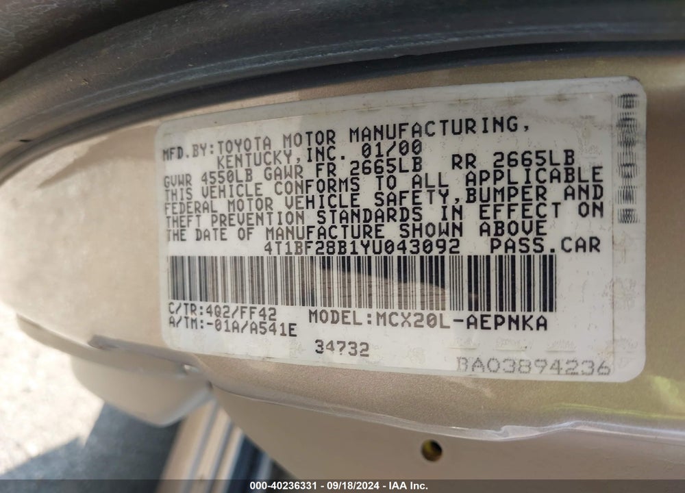 2000 TOYOTA AVALON XL VIN: 4T1BF28B1YU043092