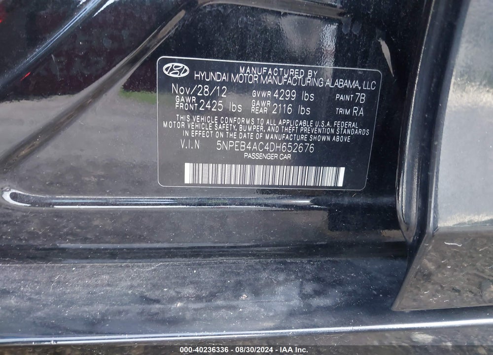 2013 HYUNDAI SONATA VIN: 5NPEB4AC4DH652676