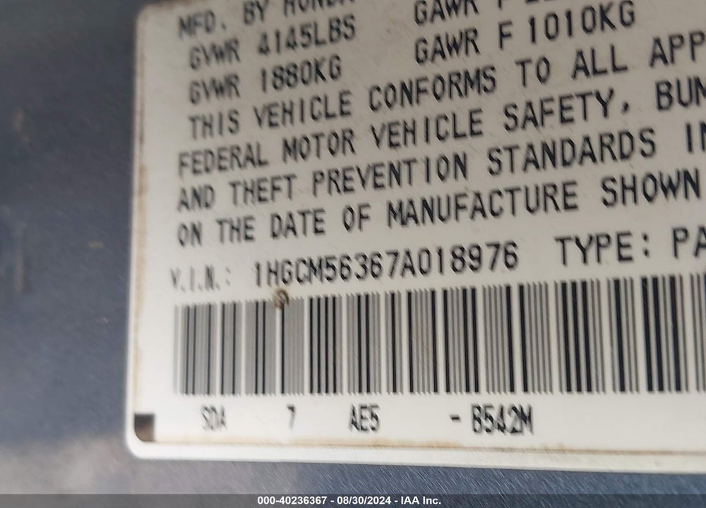 2007 HONDA ACCORD 2.4 SE VIN: 1HGCM56367A018976