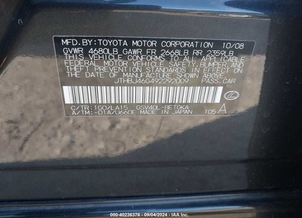 2009 LEXUS ES 350 VIN: JTHBJ46G492292009