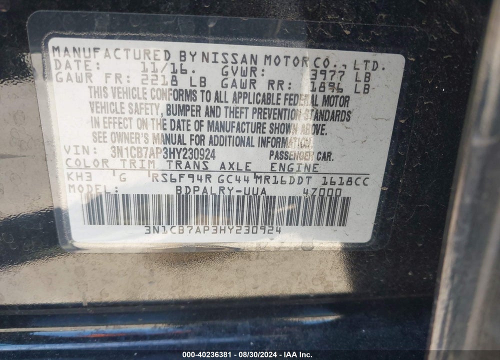 2017 NISSAN SENTRA SR TURBO VIN: 3N1CB7AP3HY230924