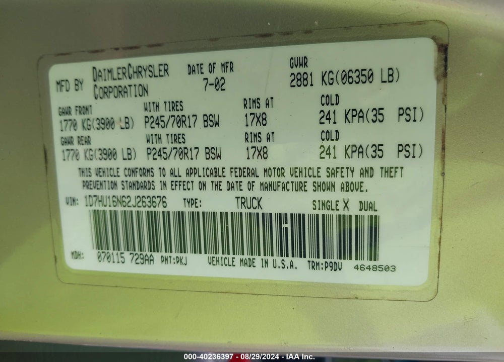 2002 DODGE RAM 1500 ST VIN: 1D7HU16N62J263676