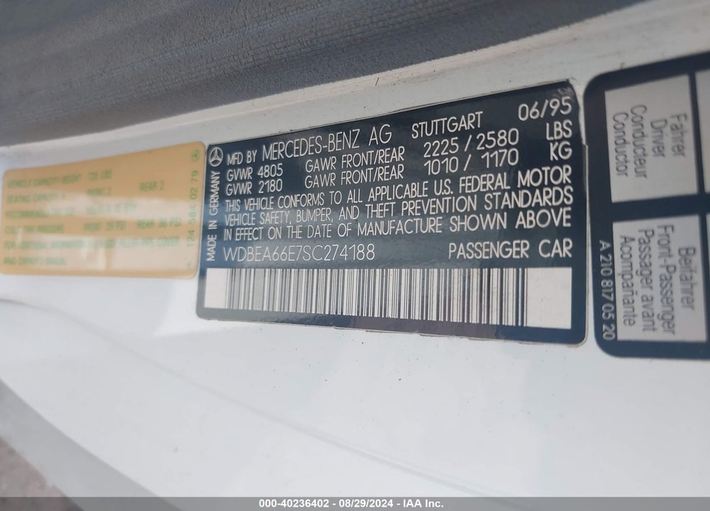 1995 MERCEDES-BENZ E 320 VIN: WDBEA66E7SC274188