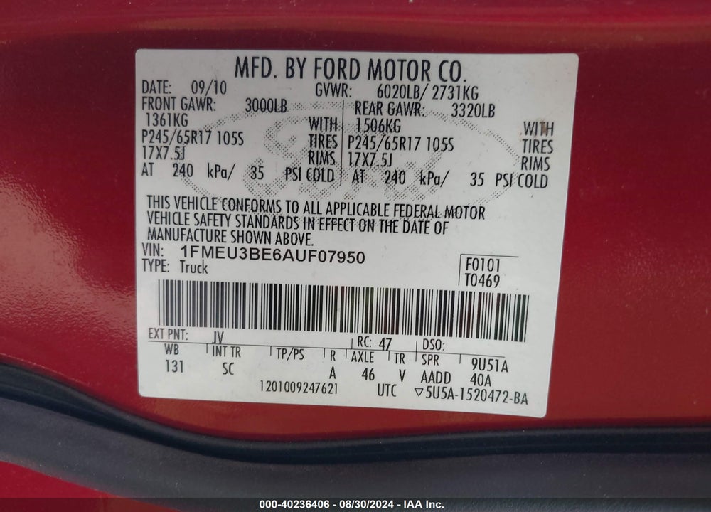2010 FORD EXPLORER SPORT TRAC XLT VIN: 1FMEU3BE6AUF07950