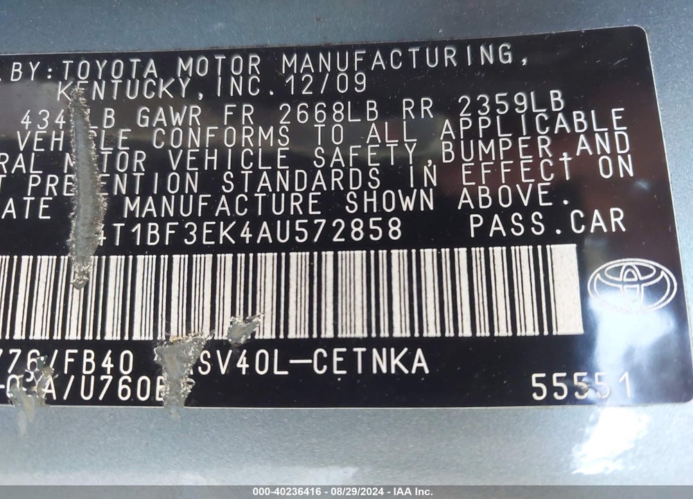 2010 TOYOTA CAMRY LE VIN: 4T1BF3EK4AU572858
