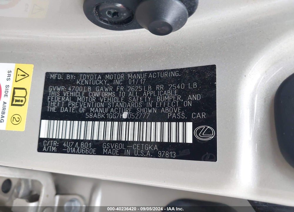 2017 LEXUS ES 350 VIN: 58ABK1GG7HU052777