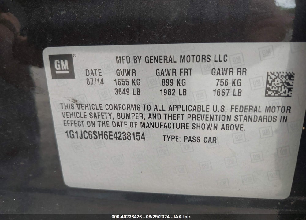 2014 CHEVROLET SONIC LT AUTO VIN: 1G1JC6SH6E4238154