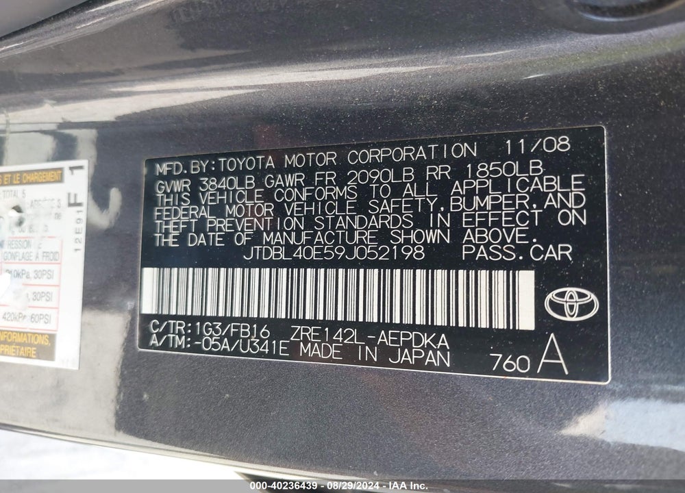 2009 TOYOTA COROLLA LE VIN: JTDBL40E59J052198