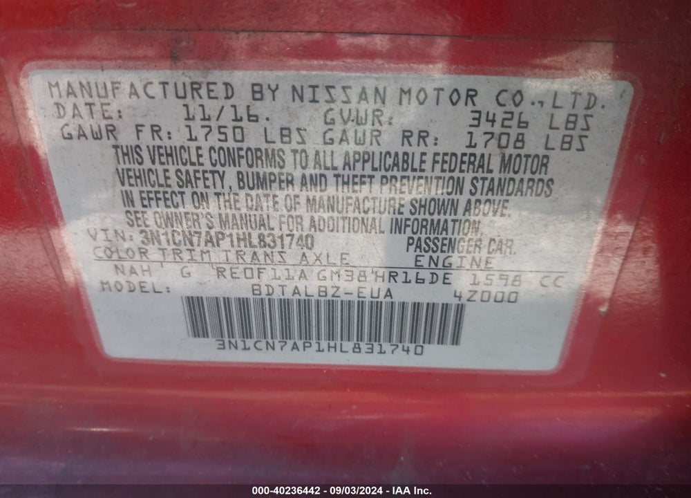2017 NISSAN VERSA 1.6 SV VIN: 3N1CN7AP1HL831740