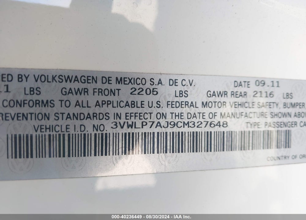 2012 VOLKSWAGEN JETTA 2.5L SEL/2.5L SEL PREMIUM VIN: 3VWLP7AJ9CM327648