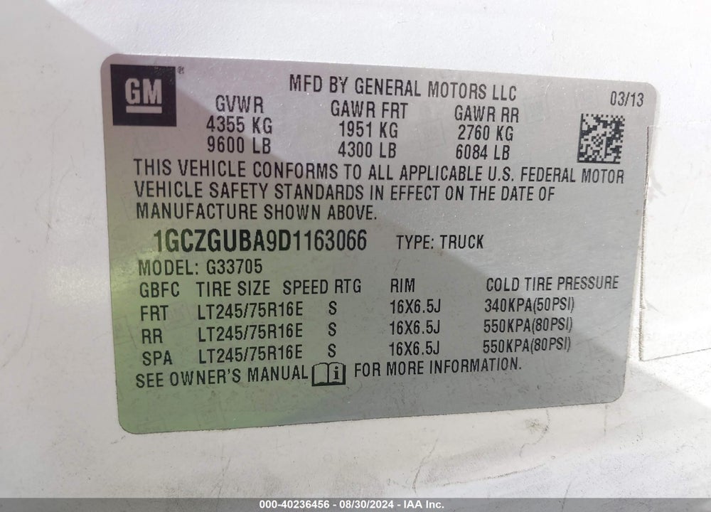 2013 CHEVROLET EXPRESS 3500 WORK VAN VIN: 1GCZGUBA9D1163066