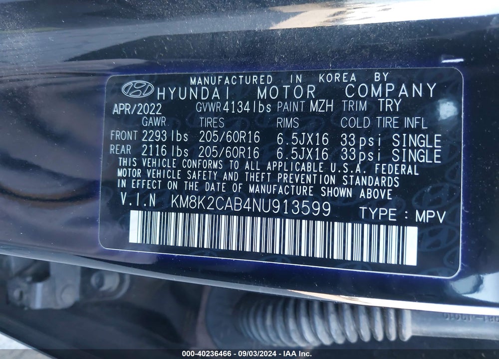 2022 HYUNDAI KONA SE VIN: KM8K2CAB4NU913599