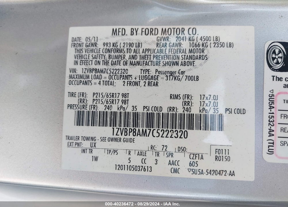 2012 FORD MUSTANG V6 VIN: 1ZVBP8AM7C5222320