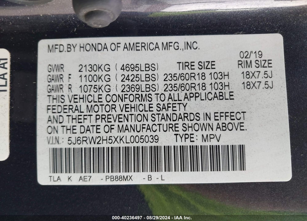 2019 HONDA CR-V VIN: 5J6RW2H5XKL005039