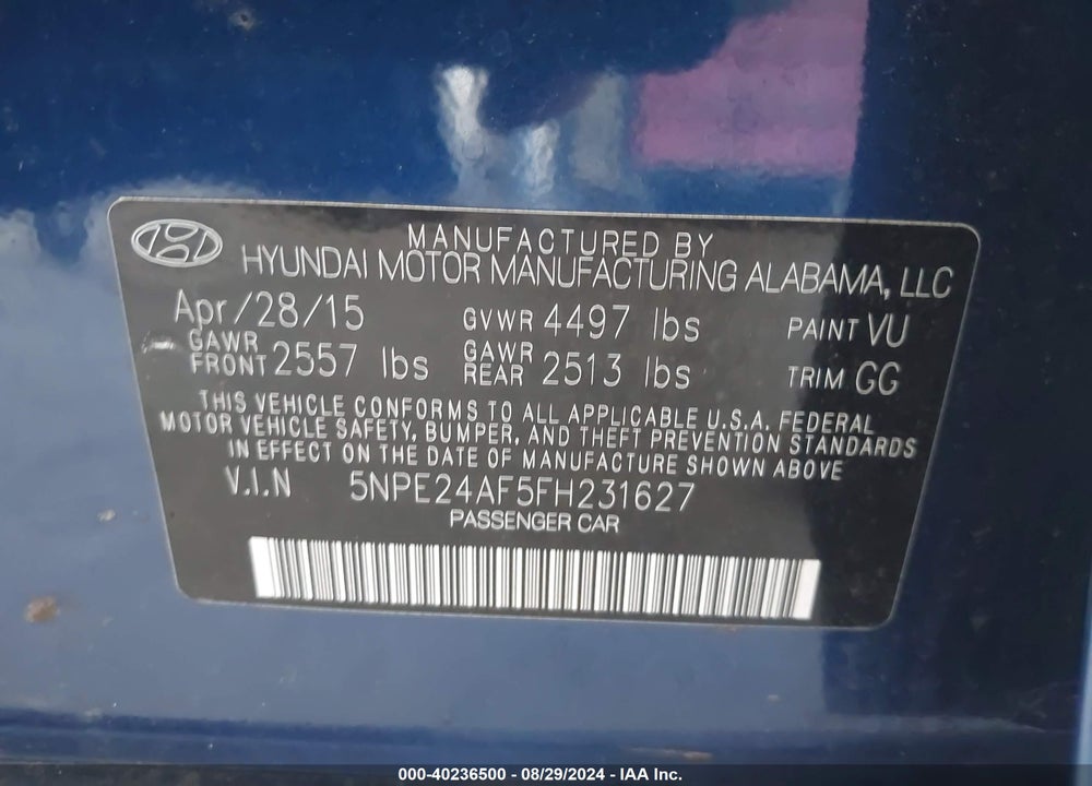 2015 HYUNDAI SONATA SE VIN: 5NPE24AF5FH231627