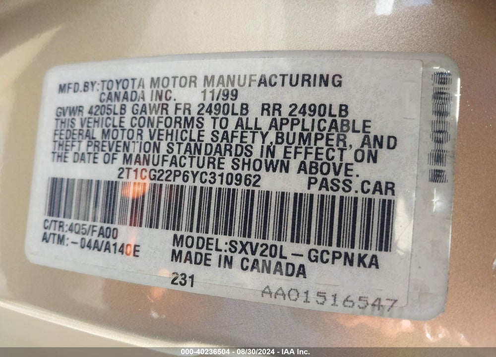 2000 TOYOTA CAMRY SOLARA SE VIN: 2T1CG22P6YC310962