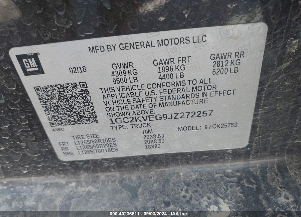 2018 CHEVROLET SILVERADO 2500HD LT VIN: 1GC2KVEG9JZ272257