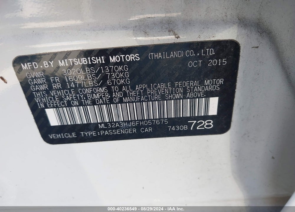 2015 MITSUBISHI MIRAGE DE VIN: ML32A3HJ6FH057675