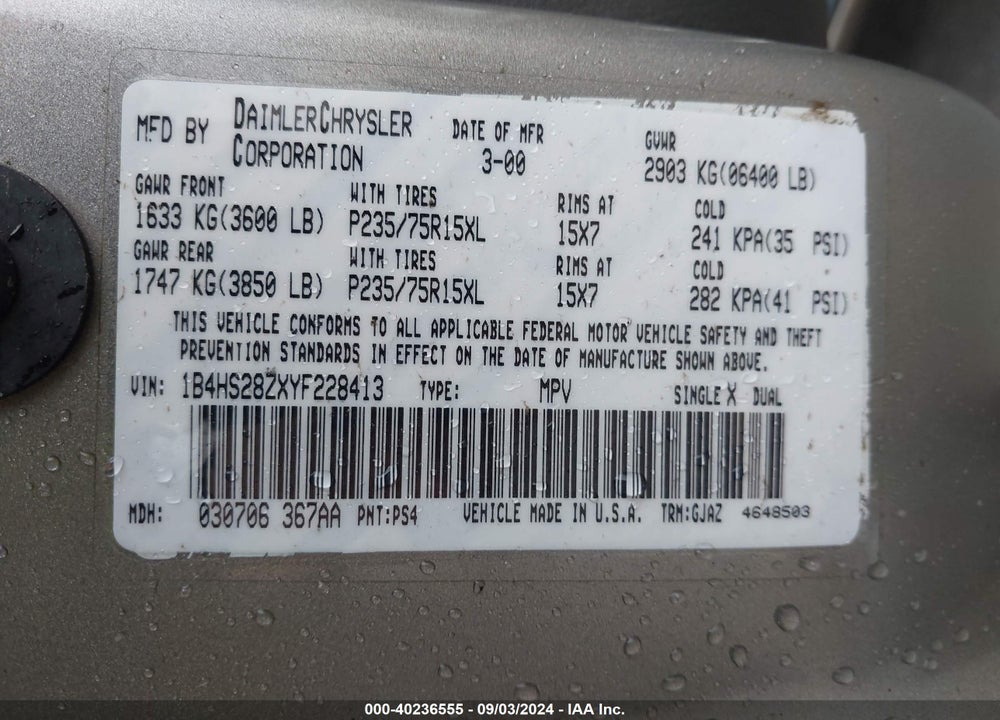 2000 DODGE DURANGO VIN: 1B4HS28ZXYF228413