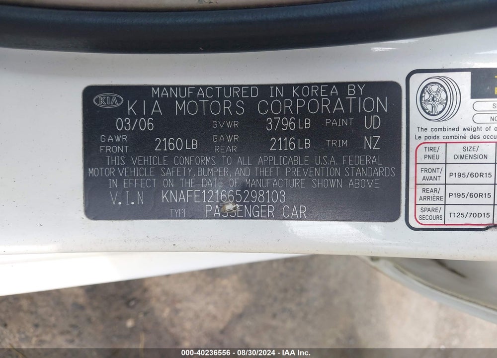 2006 KIA SPECTRA EX/LX/SX VIN: KNAFE121665298103