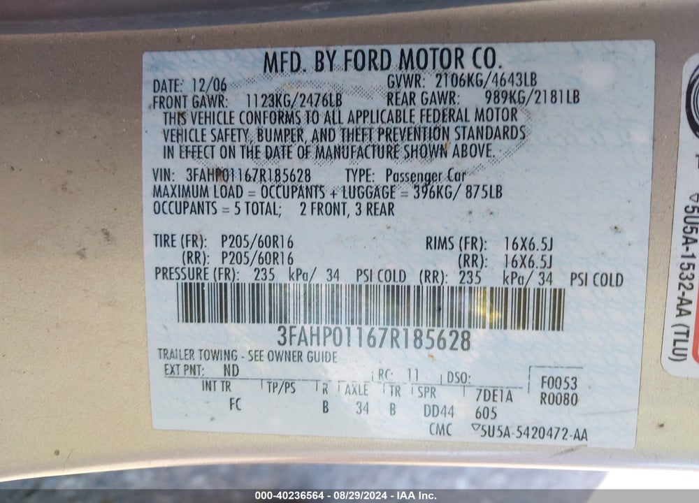 2007 FORD FUSION SE VIN: 3FAHP01167R185628