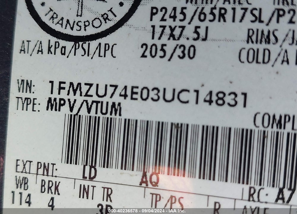 2003 FORD EXPLORER EDDIE BAUER VIN: 1FMZU74E03UC14831