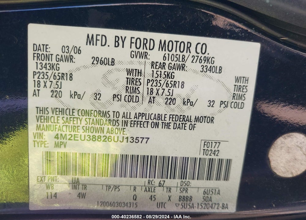 2006 MERCURY MOUNTAINEER PREMIER VIN: 4M2EU38826UJ13577