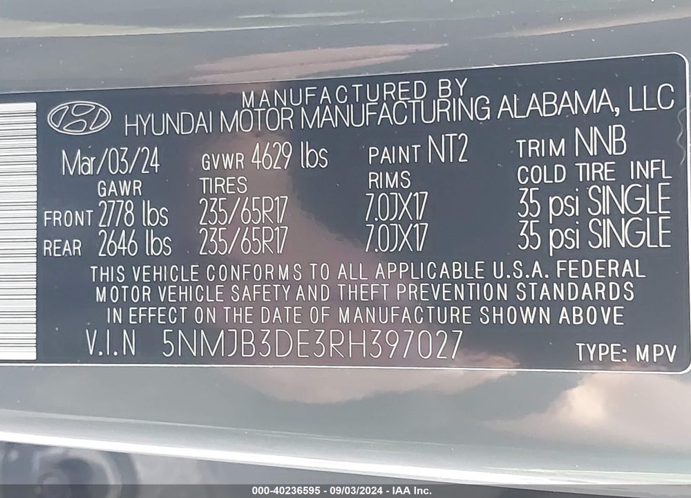 2024 HYUNDAI TUCSON SEL VIN: 5NMJB3DE3RH397027