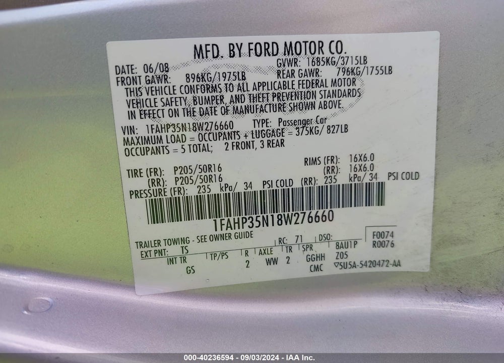 2008 FORD FOCUS VIN: 1FAHP35N18W276660