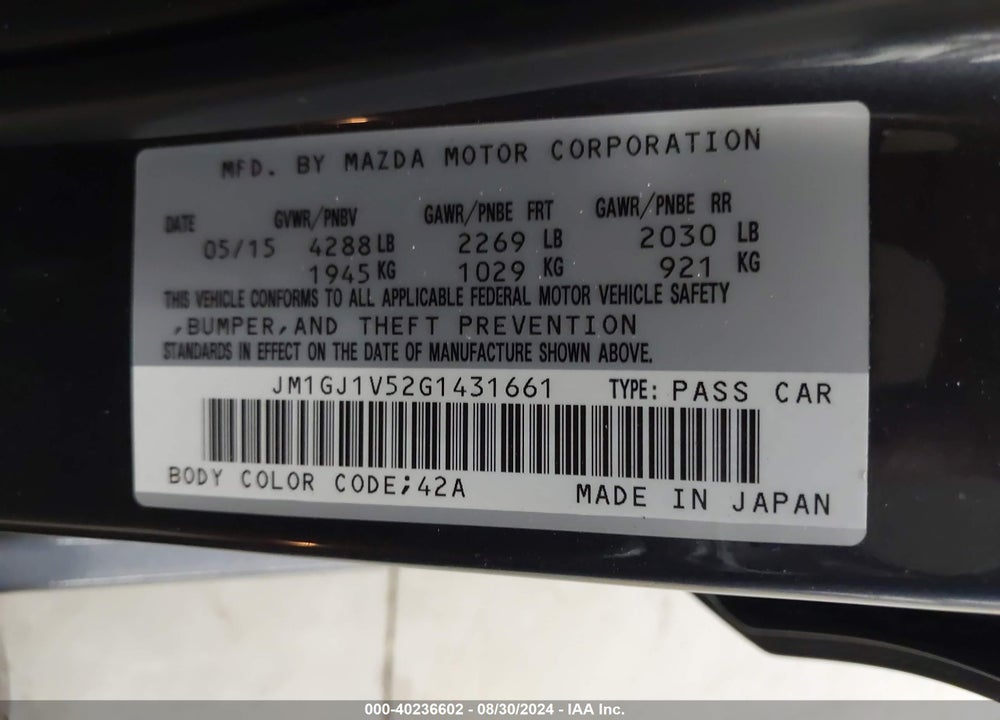 2016 MAZDA 6 I TOURING VIN: JM1GJ1V52G1431661