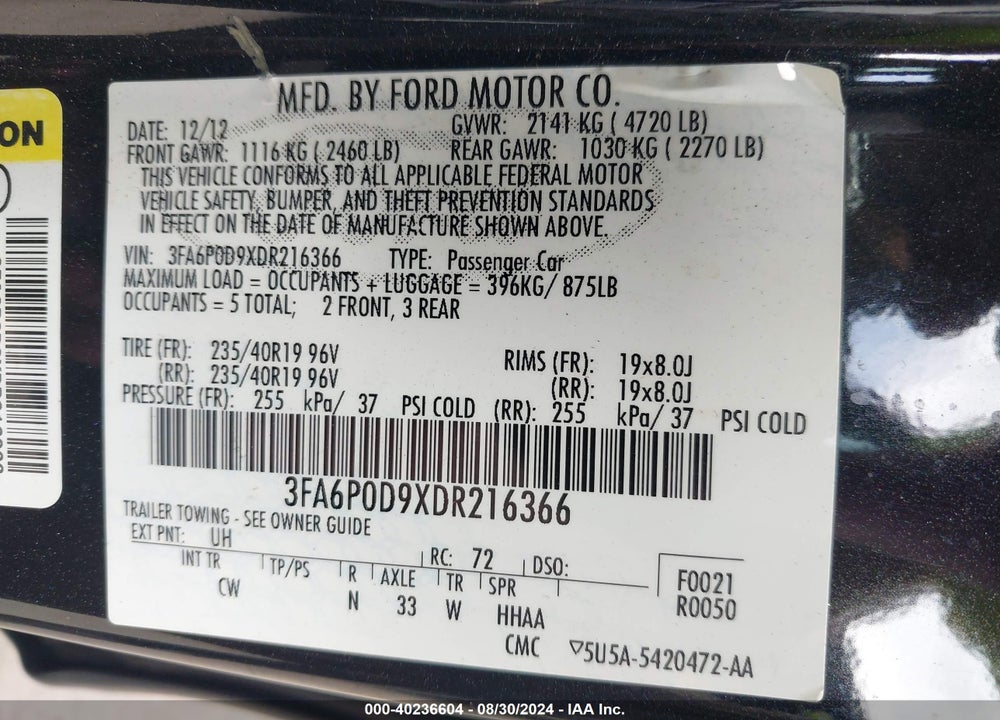 2013 FORD FUSION TITANIUM VIN: 3FA6P0D9XDR216366