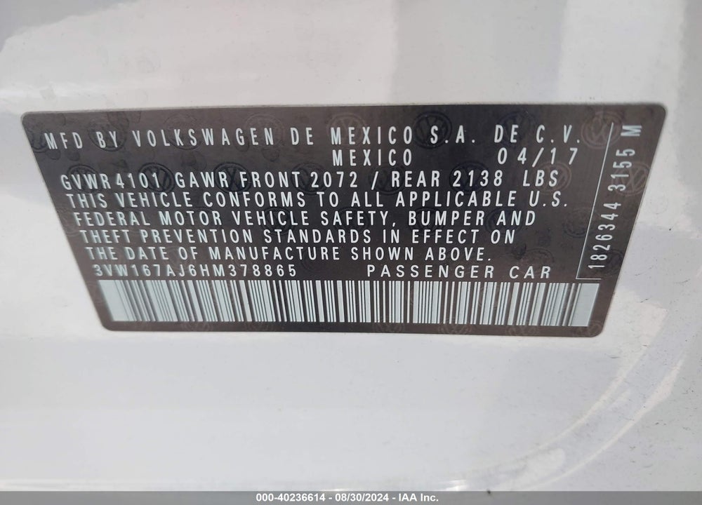 2017 VOLKSWAGEN JETTA 1.4T S VIN: 3VW167AJ6HM378865