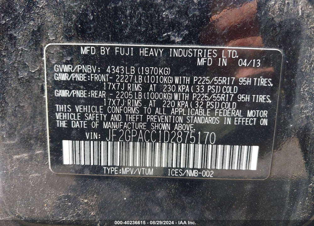 2013 SUBARU XV CROSSTREK 2.0I PREMIUM VIN: JF2GPACC1D2875170