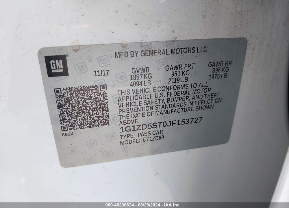 2018 CHEVROLET MALIBU LT VIN: 1G1ZD5ST0JF153727