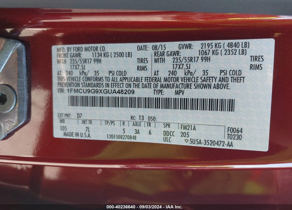 2016 FORD ESCAPE SE VIN: 1FMCU9G9XGUA48209