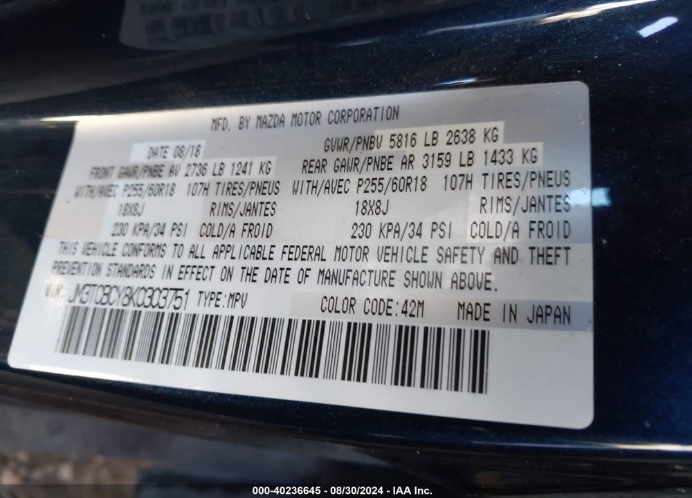 2019 MAZDA CX-9 TOURING VIN: JM3TCBCY8K0303751